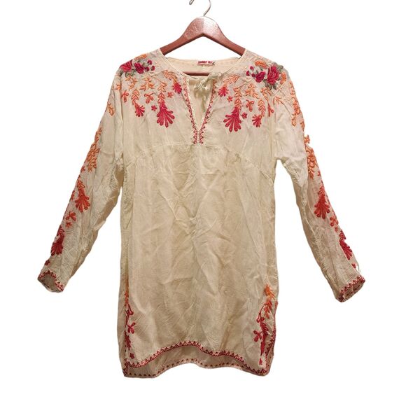 Johnny Was Women Cream Embroidered Cupra Rayon Keyhole Neck Tunic Top Size Small - Picture 1 of 10
